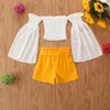 1-6Y Summer Toddler Barn Kid Girl Kläder Set Ruffles Långärmad T-shirt Skörd Tops Bow Shorts Outfits 210515
