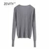 Zevity Women Fashion V Neck z długim rękawem Dzianie Casual Slim Sweter Kobiet Diament Przyciski Cienkie Swetry Chic Topy S300 210603