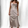 여자 여름 긴 슬립 드레스 새틴 민소매 스파게티 스트랩 섹시한 백리스 A 라인 여성 드레스 파티 Vestidos 210514