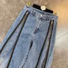 [DEAT] Casual Solid Blue Stretch Patchwork High Waist Zippers Dekoration Streetwear Wide Leg Pants Mall Goth Spring GX479 210428