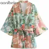 Printed Casual Holiday Women Kimono Shirts Fashion Open Front Raglan Sleeve Loose Blouses Female Long Tops with Sashes 210604