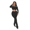 Active Wear Women Pink Clothing Set Off Shoulder Crop Tops Stacked Flare Pants Suit Tracksuit Sexy Two Piece Fitness Outfit 210525