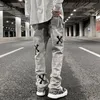 Men's Jeans Hip Hop Retro Washed Gray Pu Leather Bone Embroidery Casual Denim Trousers Men Straight Oversize Streetwear Loose Pants