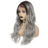 Ombre grå spets front mänskligt hår peruk pre plocked transparenta syntetiska peruker för kvinnor cosplay party