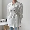Autumn Korean Style Ladies Chic Trench Coat For Women Big Lapel Double-breasted Bandage Waist Windbreaker Outerwear 210514