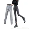 Women's high waist jeans pants winter elastic tight-fitting pencil thicken fur women spring black pant 210531