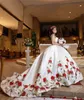 Rose Flower Embrodiered White Quinceanera Dresses Charro Plunging V-neck 2022 Fashion Style Mexican Sweet Prom Dress Ball Gowns Puffy