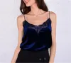 Summer Women's Lace Floral Camiser V Neck Tops SleevelStrap Velvet Tops Solid Red Blue Black Sexy Velvet Camisole X0507