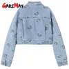 Women 100% Cotton Oversized Short Denim Jacket Turn-down Collar Jean for Vintage printing pocket Coat Female 210428