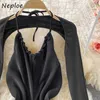Neploe Two-piece Suits Women A-line Suspender Dress 2021 Summer Halter Large Swing Long Robe Shawl Long Sleeve Female Jacket Y0726