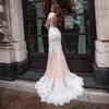 Manches longues en dentelle sirène robes de mariée 2022 Illusion champagne plage robe de mariée avec bouton dos transparent O-cou balayage train