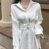 Solidna koszula jednopierierska sukienka kobiety Kendall Streetwear Satin Mini Dress Kobieta Patchwork Jesień Temperament Dress 3190 # 210527