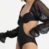 Seksi Mesh Dikiş Puf Kollu Bayanlar Bodysuit Tops Chic Streetwear Uzun Kollu Dantel-up Backless İnce Tulum 210517 Oymak