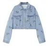 Kvinnor 100% Bomull Oversized Kort denimjacka nedbrytning Krage Jean för Vintage Printing Pocket Coat Kvinna 210514