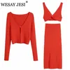 WESAY JESI Women's Suit With A Skirt Long Green Knitted Three-piece For Women Slim V-Neck Cardigan 211106