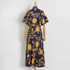 Vintage Print Dress For Women Lapel Short Sleeve High Waist Lace Up Bowknot Midi Dresses Female Summer Fashion 210520