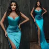 Lac bleu sirène robes de bal col sans bretelles une ligne côté fendu robes de soirée étage longueur satin plus la taille volants robe formelle