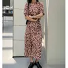 Dorywczo Dresses Kobiety Różowy Leopard Drukuj Letnia Sukienka Koreański Styl Styl Puff Sleeve Eleganckie Ladies Split 2022 Vestidos Mujer