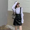 Korean PU Leather Suspender Skirt Female Above Knee Short Plus Size Fashion Students High Waist Black Sundress 210601