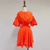 Fabpop Hollow Out Mini Dress Kvinnor O Neck Kort Lykta Ärm Hög Midja Lace Up Bowknot Orange Klänningar Kvinna GB070 210709