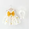 Mädchen-Kleider, niedliches Baby-Kleid, 2-teiliges Sommer-Set, geborene Kleidung, Schleife, Prinzessin, ärmellos, Baumwolle, Säuglingsgeburtstag + Sonnenhut, 0–3 Jahre