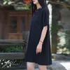 Johnature Women Chinese Style Cheongsam Stand Short Sleeve Bomull Linne Klänningar Sommar Solid Färgfickor Vintage Dress 210521
