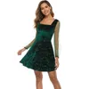 Spring Green Velvet Mini Dress with Sheer Sleeve for Women A Line Christmas Girls Party Night Skate S M L XL es 210527