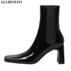 女性のためのAllbetefo高品質の本物の革の正方形のアンクルブーツ女性の厚いかかとパーティー女性ブーツ女性のかかとの靴210611