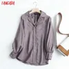 Tangada Mujeres Light Purple 100% Camisa de lino Blusa de manga larga Chic Mujer Casual Camisa suelta Blusas Femininas 4C109 210609