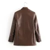 Nothced Collar Full Sleeves Dark Brown Colar Double Breasted PU Leather Fashion Quality Blazer Female Top WN 210421