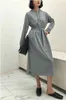 長いMIDIスウェットドレス女性スリーブフードレースアップベルトグレー韓国のファッションスプリング210427
