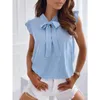 Bow Lace Up Polka Dot Ärmlös Blusar Sommarskjorta Kvinna Ruffle Blusa Muyogrt T-shirts Toppar Tees Teen Blue Blouse