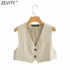 Zevity Women Vintage V Neck Solid Color Linen Short Vest Jacka Lady Retro Sleeveless Casual Slim Waistcoat Chic Crop Tops CT705 210909