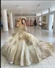 2022 scintillante strascico da cappella champagne abiti da sposa abito da ballo sposa maniche lunghe perle abito da sposa formale con applicazioni dorate