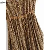Sexig Spaghetti Strap Vintage Leopard Klänning Kvinnor Ärmlös Drawstring Waist A-Line Casual Sling Long Summer Robe 210430