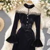 Neploe Midi Woman Dress Korean Patchwork Gaze Vintage Velvet Vestidos Se genom spets Vintgae Elegant Party Dresses Women 210422