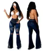 vente en gros en vrac femmes jeans bleu trou pantalon évasé pantalon en jean pantalon bootcut slim mode solide évider leggings décontractés klw7329