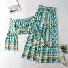 Happie Queens Zweiteilige Damen-Outfits, schulterfreie Oberteile, böhmische weite Hosen, grüne Boho-Sets aus Rayon-Baumwolle mit Blumendruck 211105