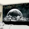 Svartvitt Moon Tapestry Starry Sky Printing Tapestry Wall Beach Blanket Picnic Yoga Mat Vardagsrum Decor 210609