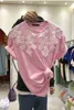 Tops de verão camisetas Roupas femininas Doce rosa selvagem O pescoço manga curta tshirts mulheres lace patchwork moda enorme 4color 210610