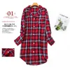 Plus Size Long Nightdress Long-sleeved Flannel Home Clothes Red Plaid Print Women Sleepwear Cotton Brushed Fabric Sleeping Dress 210924