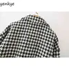 Vintage Houndstooth oversize jas vrouwen lange mouw revers kraag enkele breasted herfst bovenkleding rafelige randpakketten jas 210514