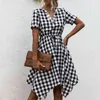 Summer Elegant casual Midi retro Dress Women Sexy short sleeve plaid dress women Irregular V-neck vestidos 210508