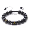 A-Z English Letter 10mm Natural Stone Tiger Eye Black Agate Bead Armband Inledande vävda justerbara pärlarmband Bangle manschett Kvinnor Män modesmycken