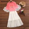 Mori Girl été deux pièces ensemble robe Style japonais Kawaii arc-en-ciel imprimé décontracté étudiant Spaghetti sangle maille Tulle Vestidos 210520