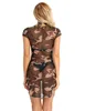 Women's Erotic Lingerie Dress Short Sleeve Camouflage Print Side Slit Sheer Mesh See Through Party Club Sexy T-Shirt Mini Dress Y1204