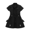 QWeek Goth Elbise Punk IC Harajuku Yaz Siyah Mini Gömlek Kadın Kısa Kollu Emo Giyim Mall Dark Academia 210623