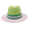 Lime Green and Pink Patchwork Party Festival Faux Wool Felt Flat Brim Jazz Fedora Hat for Women Men Summer Winter Casual Dress
