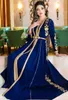 Fas Kaftan Abiye Nakış Aplikler Kraliyet Mavi Uzun Kollu Müslüman Balo Kıyafeti Ceket Kafutan Arapça Parti Elbise