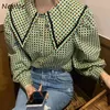 Sweet Cute Peter Pan Collar Single Breasted Shirt Losse All-Match Puff Sleeve Vrouwen Blouse Paneel Plaid Femme Blusas 210422